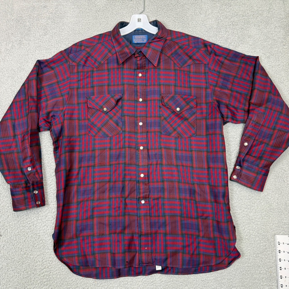Vintage Sir Pendleton‎ Wool Western Shirt Mens XL Red Blue Plaid Pearl Snap USA
